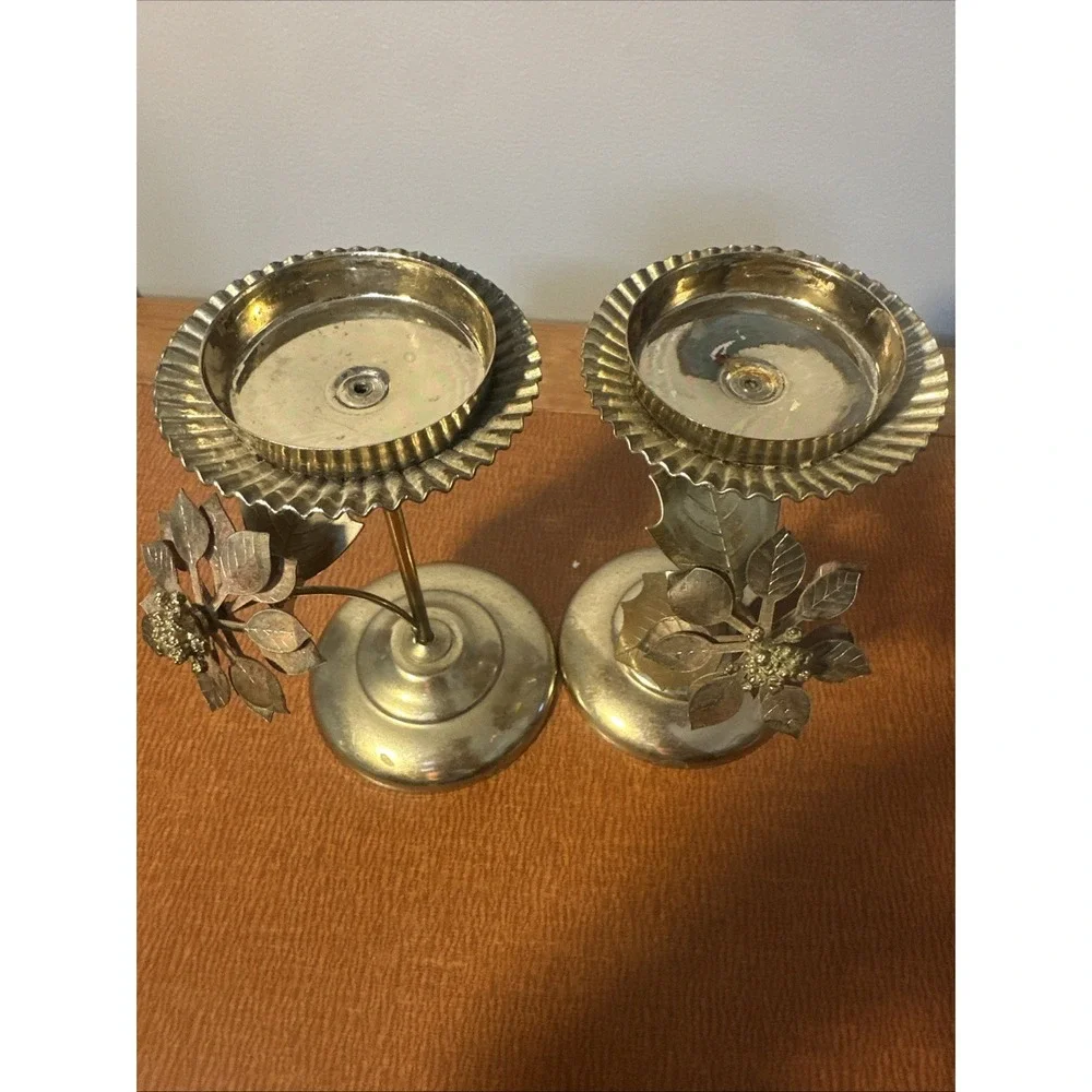 Set Of 2 Vintage Brass‎ Floral Leaf Candle Stick Holders 5